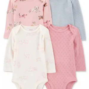 Girls Cotton Puppy Long-Sleeve Bodysuits, 4 Pack
